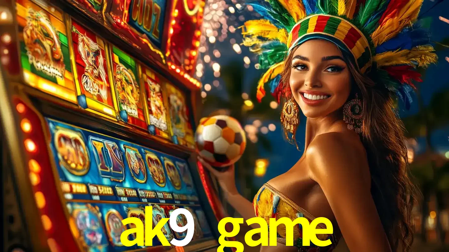 Mulher com um cocar de carnaval ao lado de uma máquina de caça-níqueis enquanto segura uma bola de futebol, mostrando a união da diversão de cassino e esportes no ak9 game.