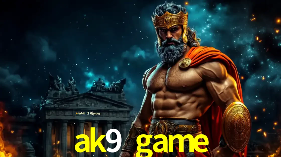 O poderoso Zeus do jogo de slot Gates of Olympus em frente ao seu templo, pronto para lançar multiplicadores divinos e prêmios épicos no cassino online ak9 game.