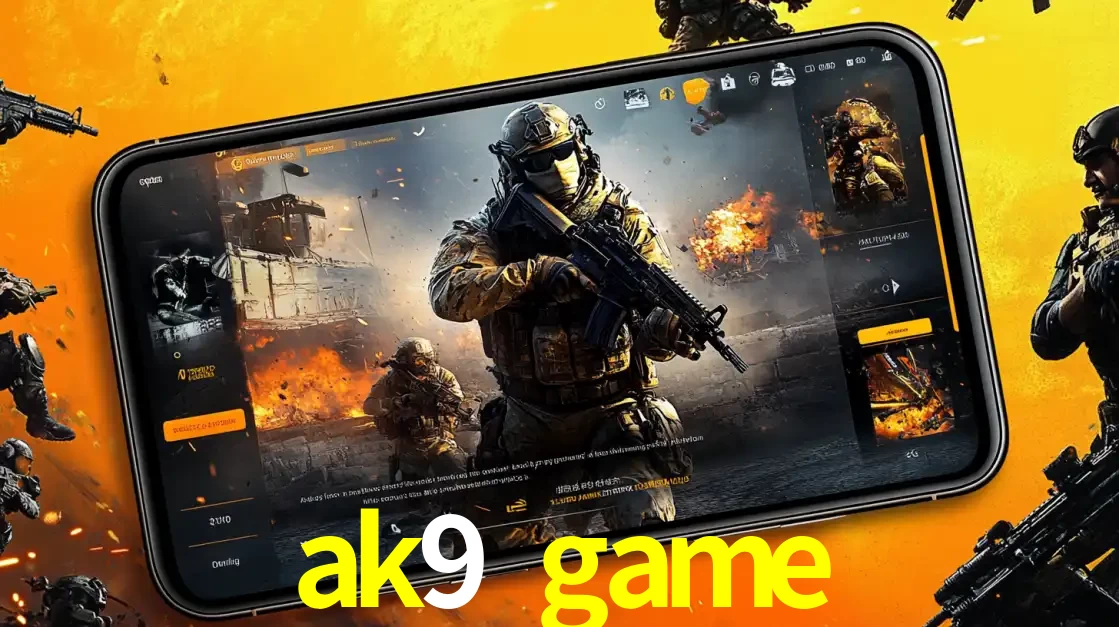 Um smartphone exibindo a interface de um jogo de tiro em primeira pessoa, com um soldado em um cenário de batalha, representando a ação dos e-sports para apostar no ak9 game.