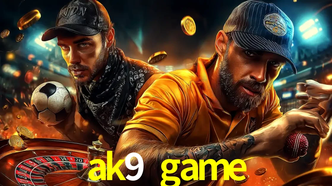 Montagem de apostas esportivas e cassino no ak9 game, com um homem segurando uma bola de futebol e outro uma de beisebol sobre uma roleta e moedas voadoras.