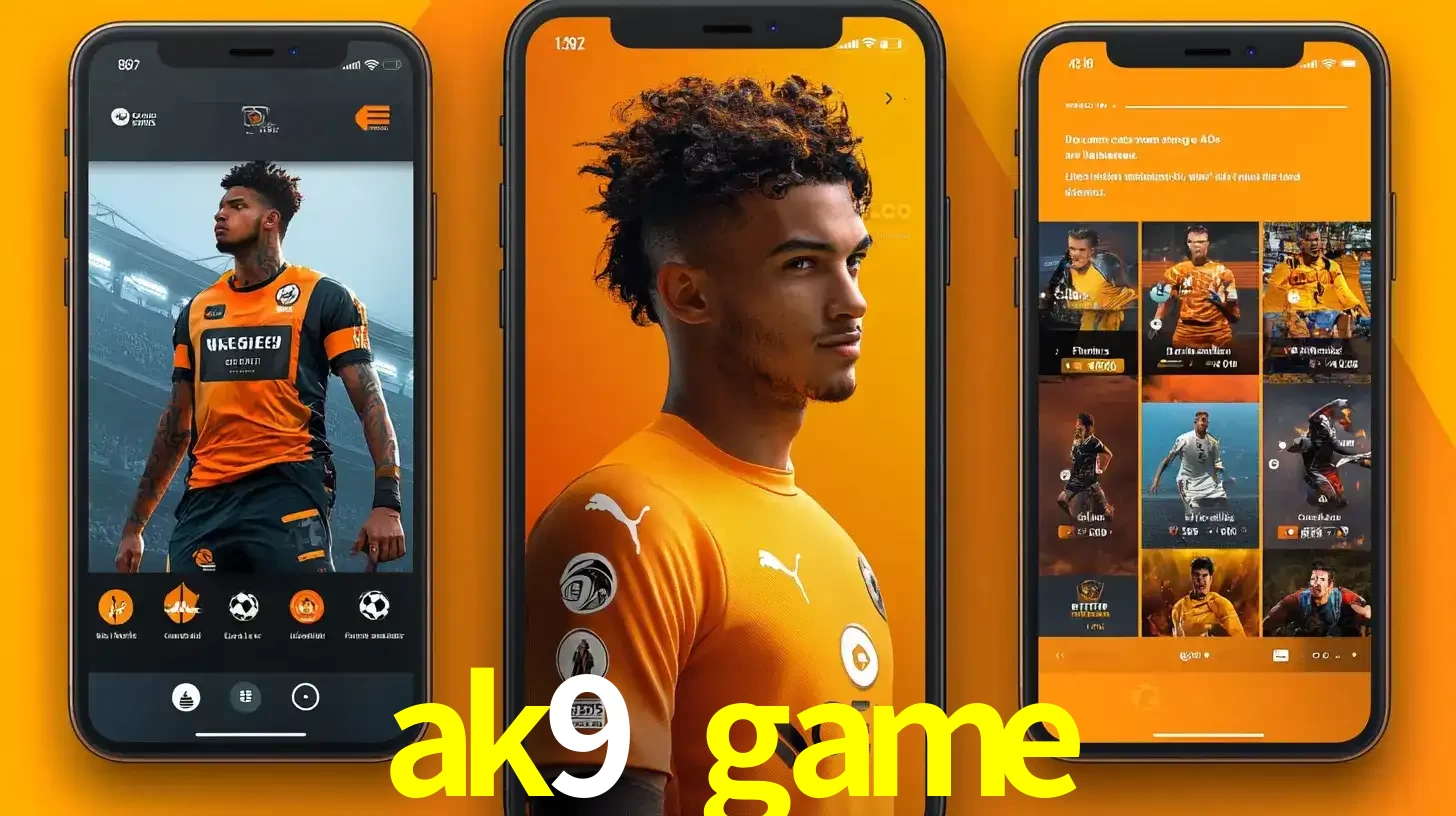 Interface do aplicativo de apostas esportivas ak9 game em três telas de celular, mostrando o perfil de um jogador de futebol e a lista de jogos disponíveis para apostar.