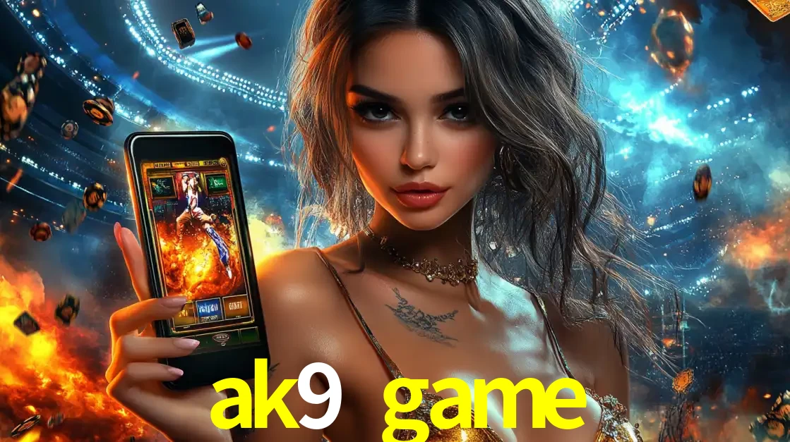 Mulher segurando um celular com um jogo de slot em destaque, tendo como fundo um estádio vibrante, simbolizando a emoção de jogar no cassino móvel ak9 game.